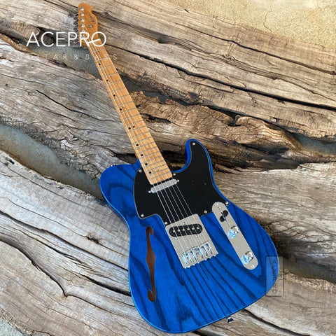 ACEPRO F-hole Electric Guitar 20mm Solid ASH Body Transparent Blue