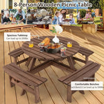 8 Person Wood Picnic Table Outdoor Round Picnic Table with 4 Built-in Benches Umbrella Hole