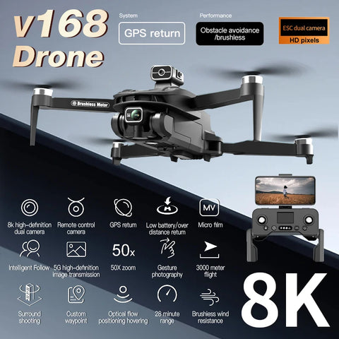 New V168 Drone Professinal Three Camera 8K Wide Angle Optical GPS