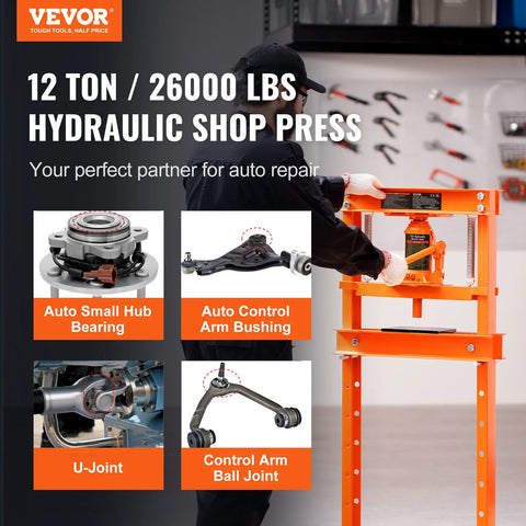 VEVOR 6/12 Ton Hydraulic H-Frame Garage Floor Adjustable Shop Press with Plates