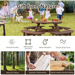 8 Person Wood Picnic Table Outdoor Round Picnic Table with 4 Built-in Benches Umbrella Hole