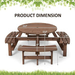 8 Person Wood Picnic Table Outdoor Round Picnic Table with 4 Built-in Benches Umbrella Hole