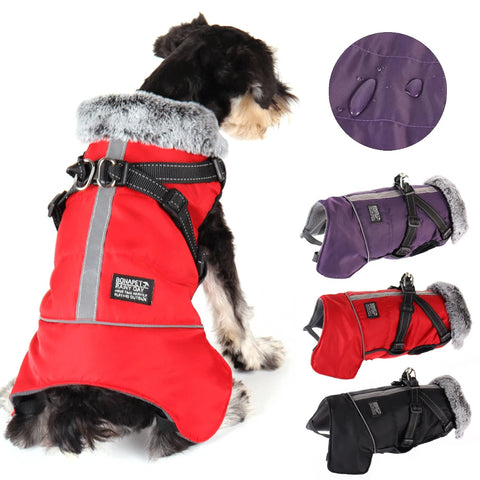 Large Dog Clothes with Harness Winter Warm Fur Collar Waterproof
