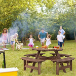 8 Person Wood Picnic Table Outdoor Round Picnic Table with 4 Built-in Benches Umbrella Hole