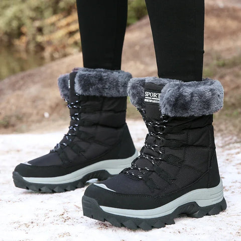 Winter Hiking Boots Women Waterproof Cute High Top Leather Plush Warm Snow Boots