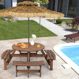 8 Person Wood Picnic Table Outdoor Round Picnic Table with 4 Built-in Benches Umbrella Hole