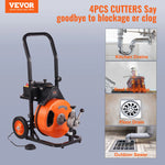 VEVOR Drain Cleaning Machine Sewer Auger Auto Feed with 4 Cutter & Air-activated Foot Switch