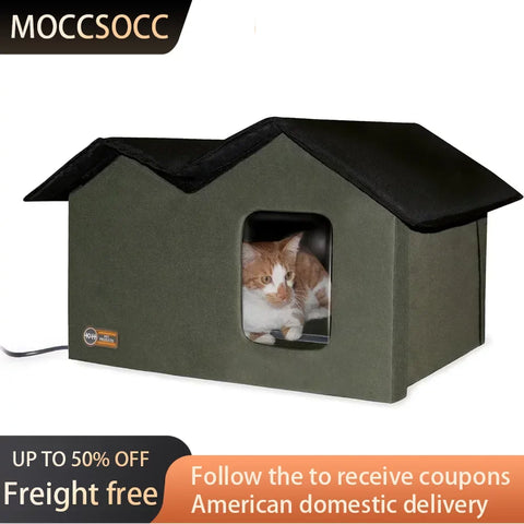 Outdoor Heated Cat House Extra-Wide Olive/Black